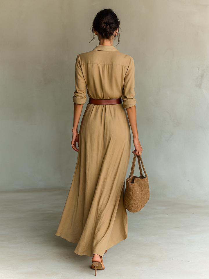 Women's Elegant Belted Maxi Shirt Dress - Effortless Evening Style