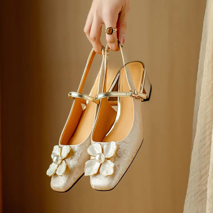 Women's Pearl-Embellished Floral Slingback Pumps - Day to Evening