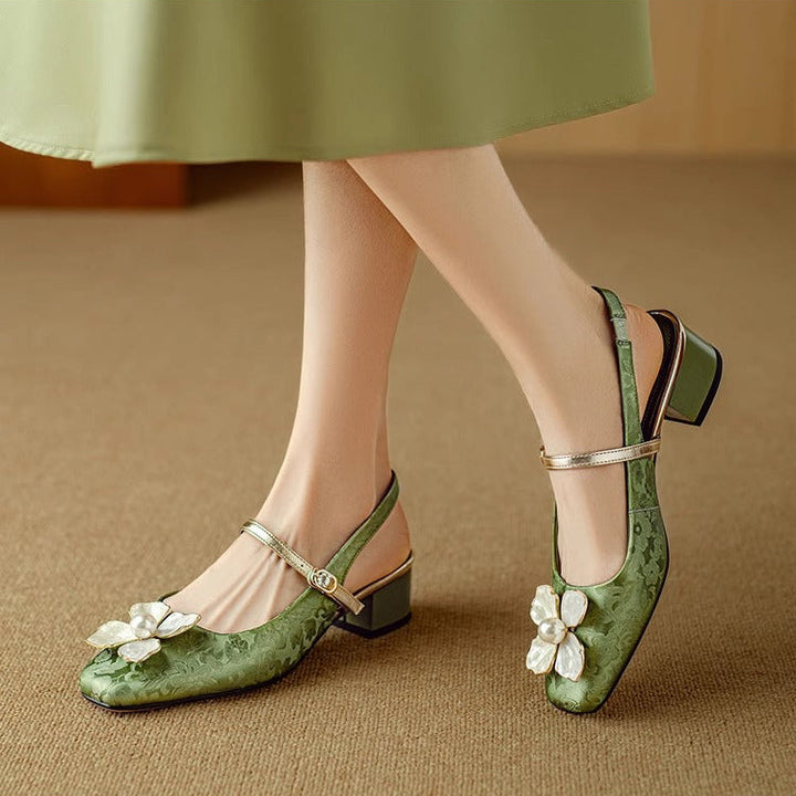 Women's Pearl-Embellished Floral Slingback Pumps - Day to Evening
