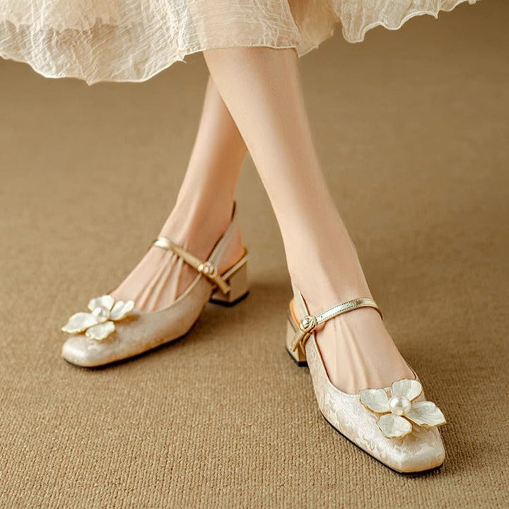 Women's Pearl-Embellished Floral Slingback Pumps - Day to Evening