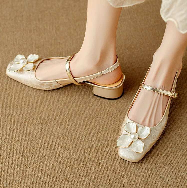 Women's Pearl-Embellished Floral Slingback Pumps - Day to Evening