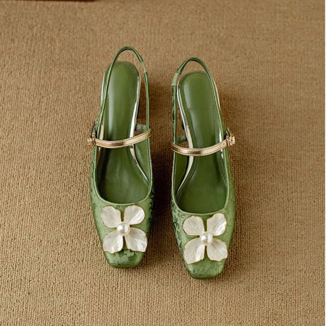 Women's Pearl-Embellished Floral Slingback Pumps - Day to Evening