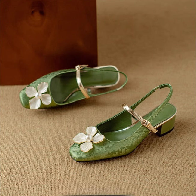 Women's Pearl-Embellished Floral Slingback Pumps - Day to Evening