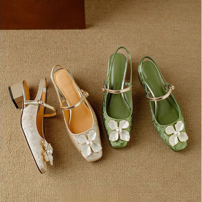 Women's Pearl-Embellished Floral Slingback Pumps - Day to Evening