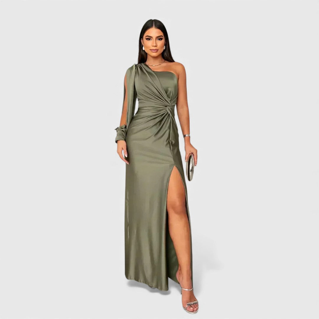 Women's Satin Asymmetric One-Shoulder Maxi Dress - Evening Elegance