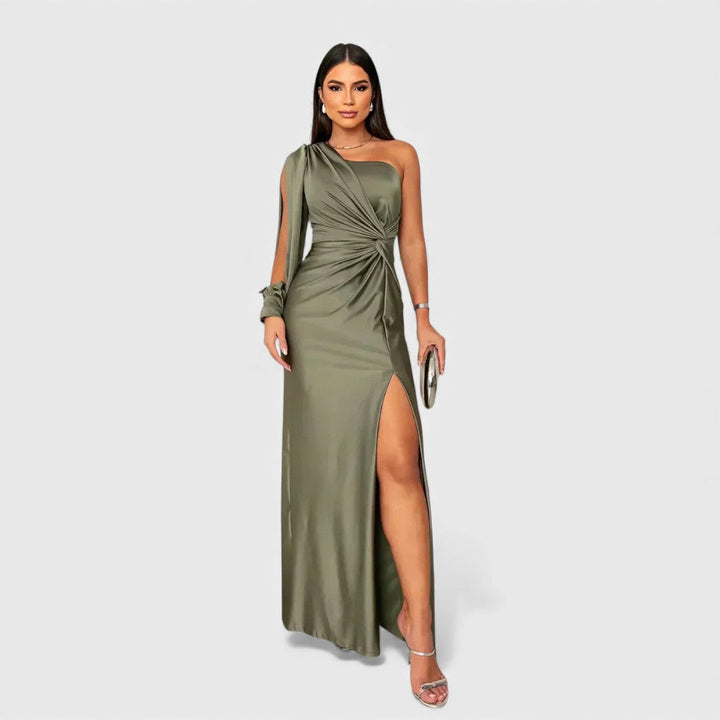 Women's Satin Asymmetric One-Shoulder Maxi Dress - Evening Elegance