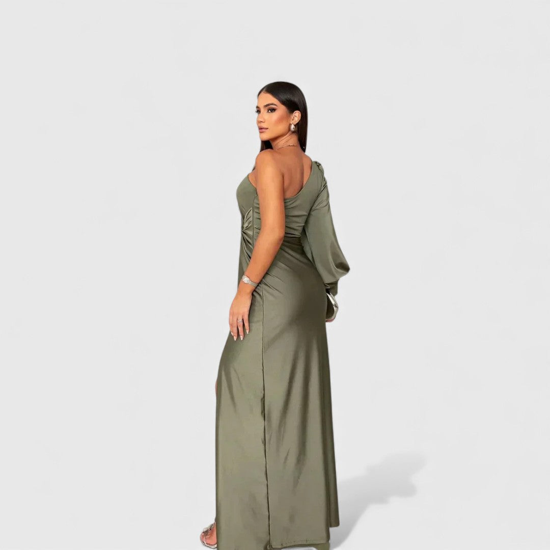 Women's Satin Asymmetric One-Shoulder Maxi Dress - Evening Elegance