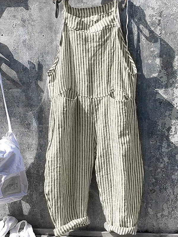 Women's Striped Linen and Cotton Overalls - Casual Everyday