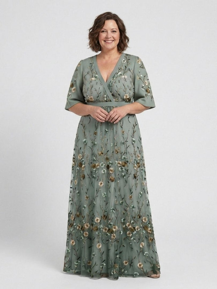 Women's Embroidered V-Neck Maxi Dress - Effortless Elegance