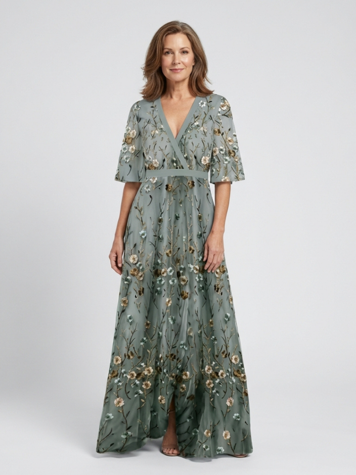 Women's Embroidered V-Neck Maxi Dress - Effortless Elegance