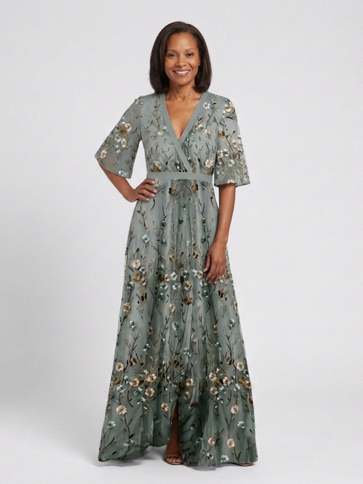Women's Embroidered V-Neck Maxi Dress - Effortless Elegance