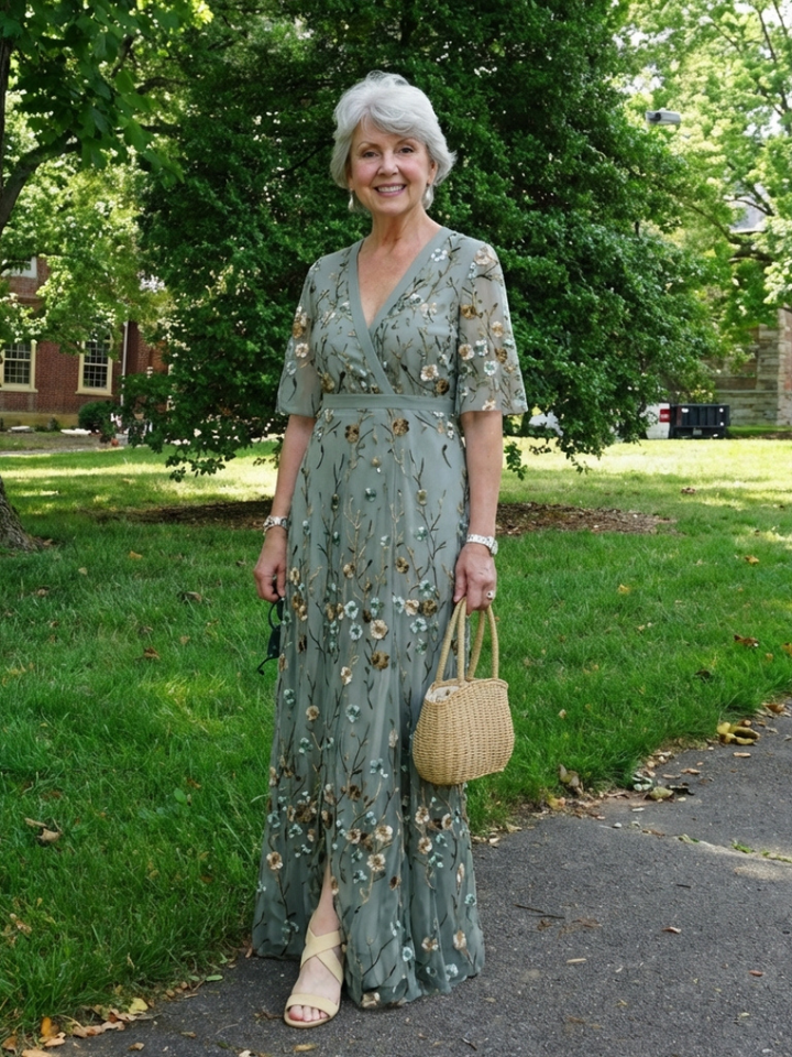 Women's Embroidered V-Neck Maxi Dress - Effortless Elegance