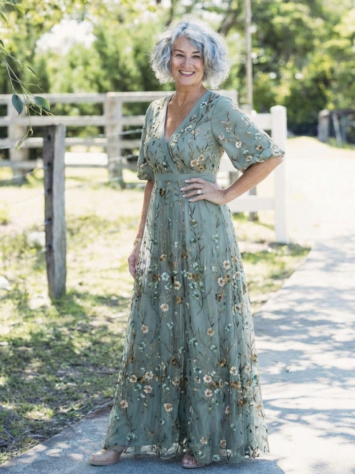 Women's Embroidered V-Neck Maxi Dress - Effortless Elegance