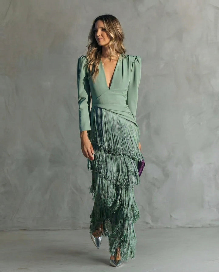 Women's Elegant Fringe Sleeve Midi Dress - Special Occasion