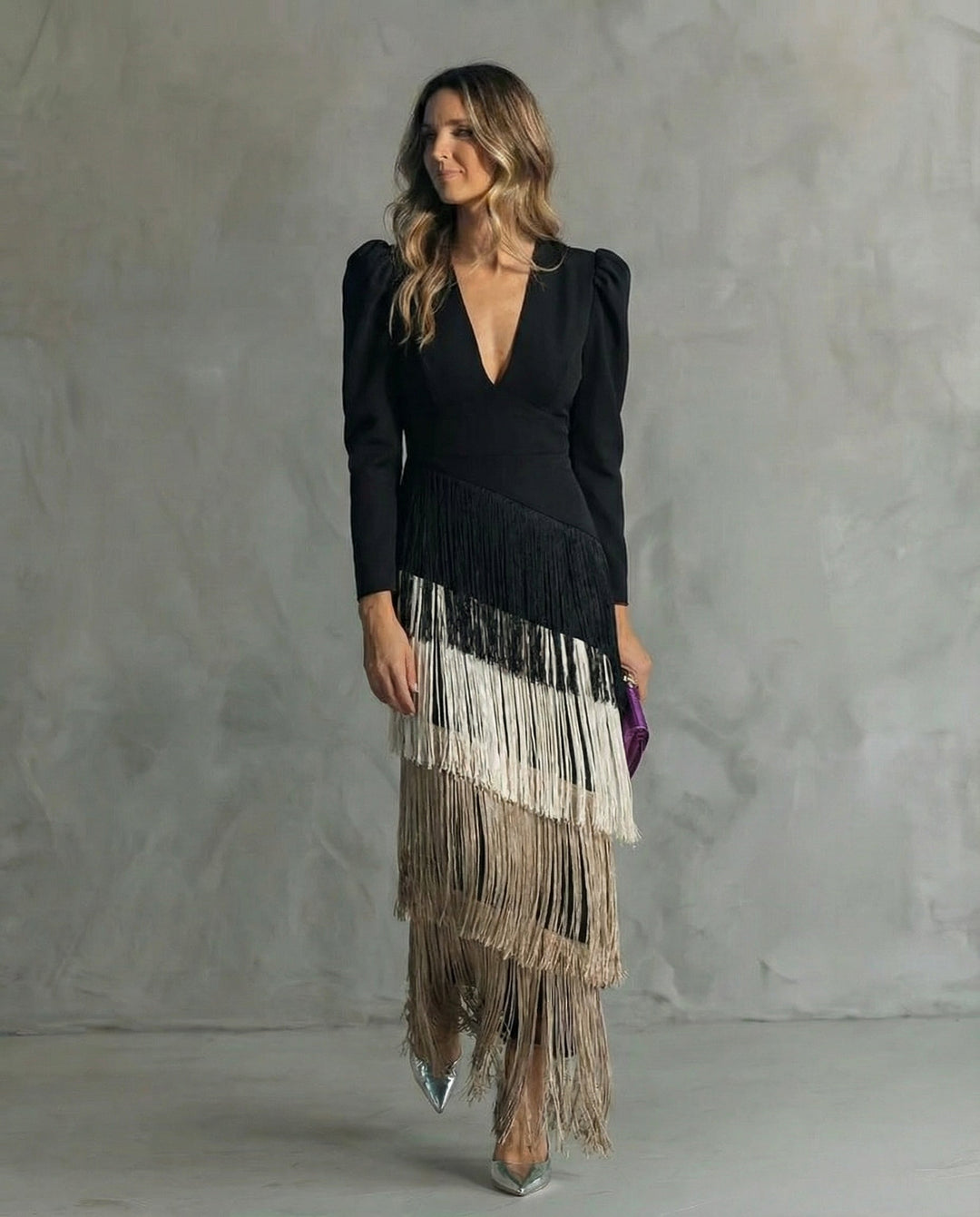 Women's Elegant Fringe Sleeve Midi Dress - Special Occasion