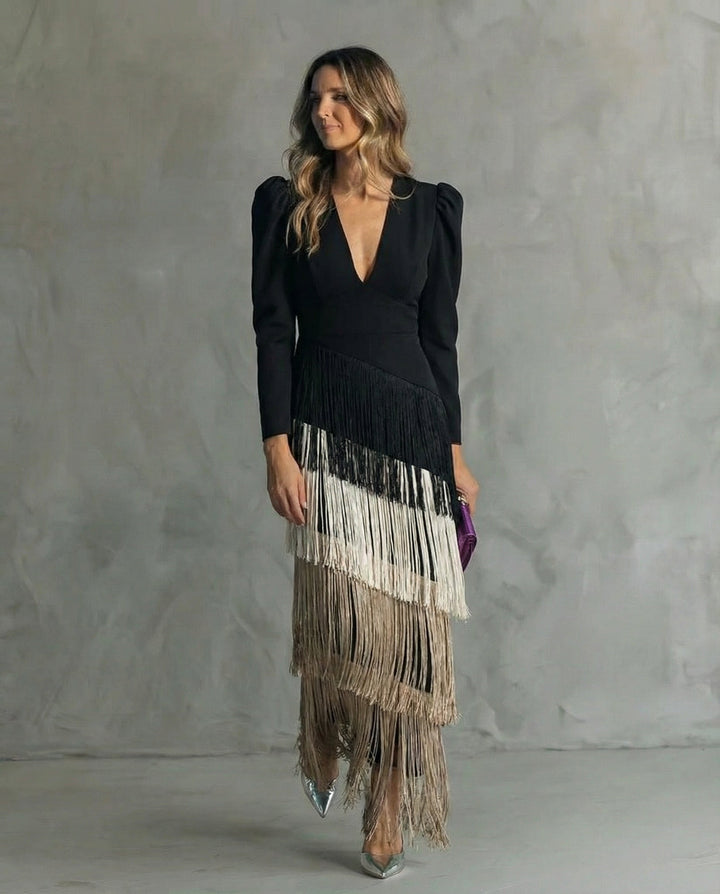 Women's Elegant Fringe Sleeve Midi Dress - Special Occasion