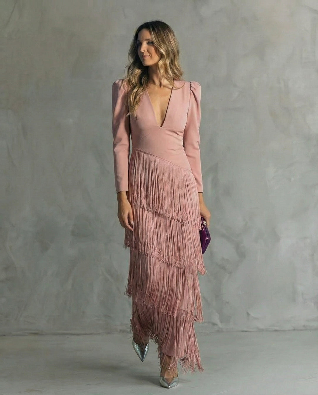 Women's Elegant Fringe Sleeve Midi Dress - Special Occasion