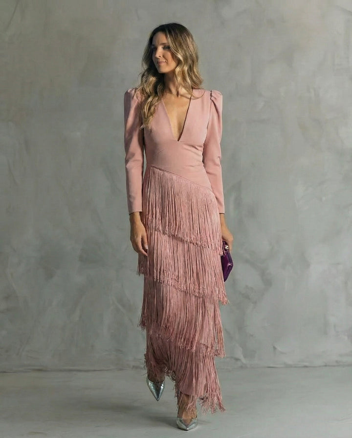 Women's Elegant Fringe Sleeve Midi Dress - Special Occasion