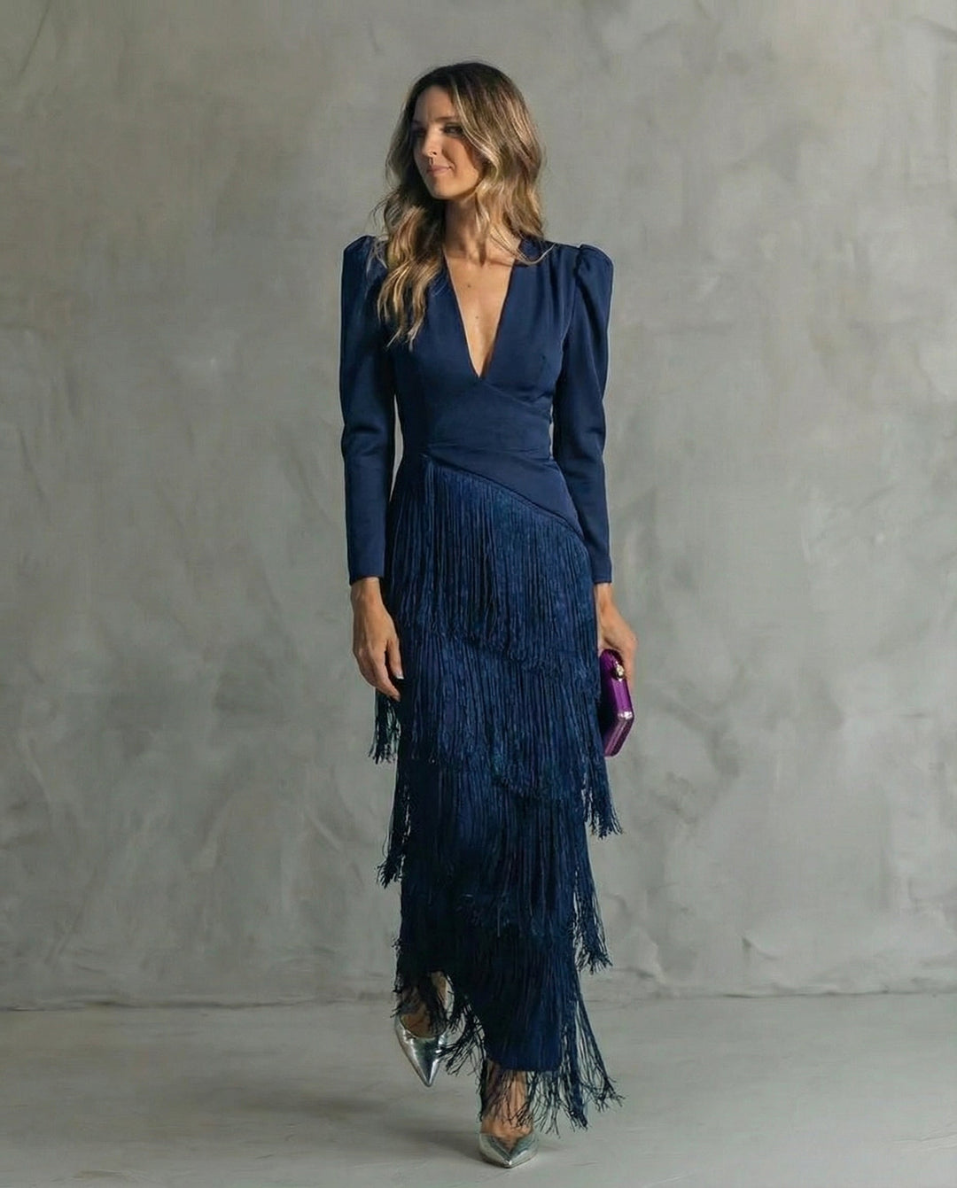 Women's Elegant Fringe Sleeve Midi Dress - Special Occasion