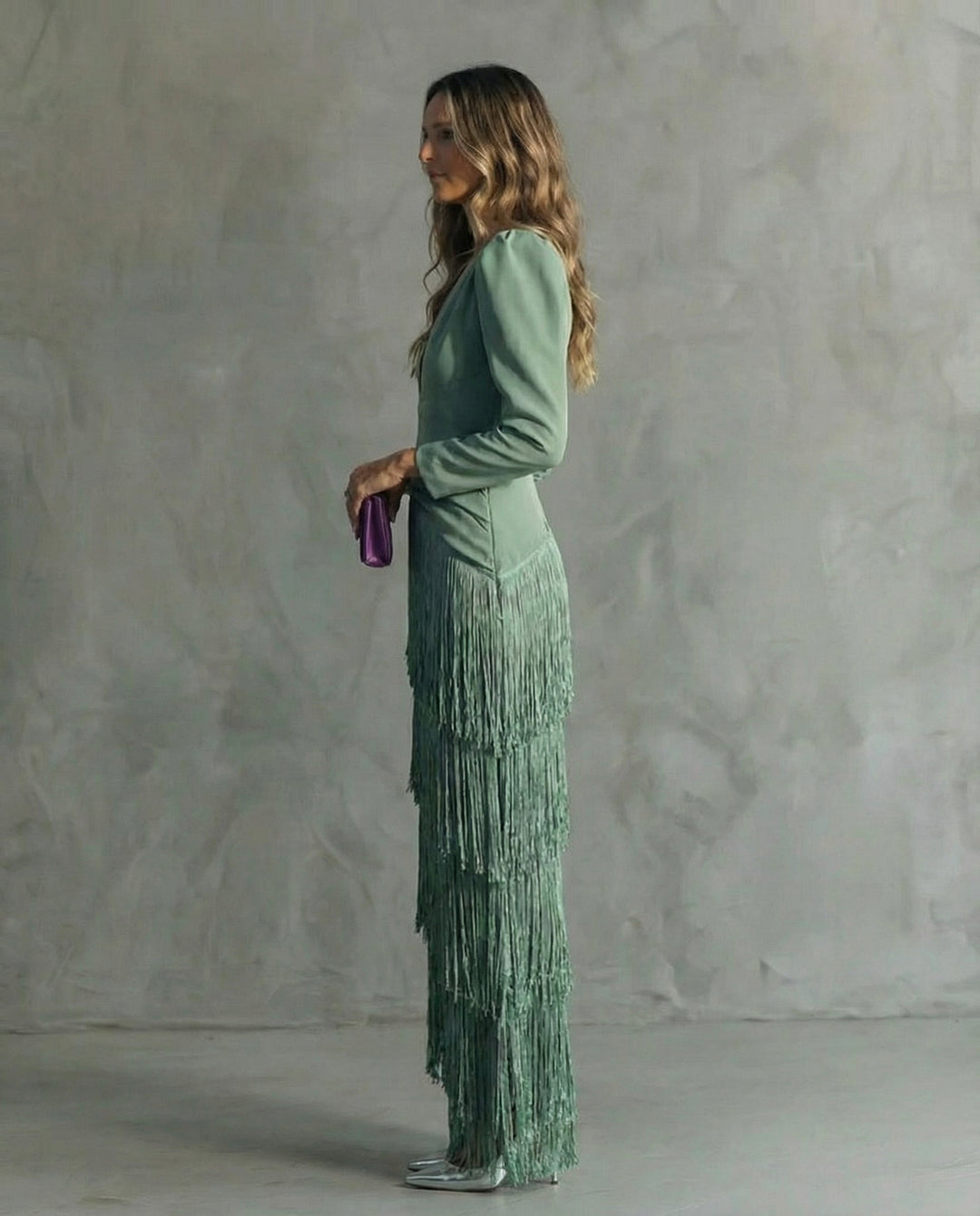 Women's Elegant Fringe Sleeve Midi Dress - Special Occasion