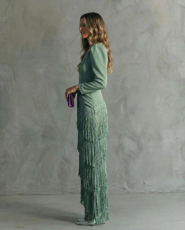 Women's Elegant Fringe Sleeve Midi Dress - Special Occasion