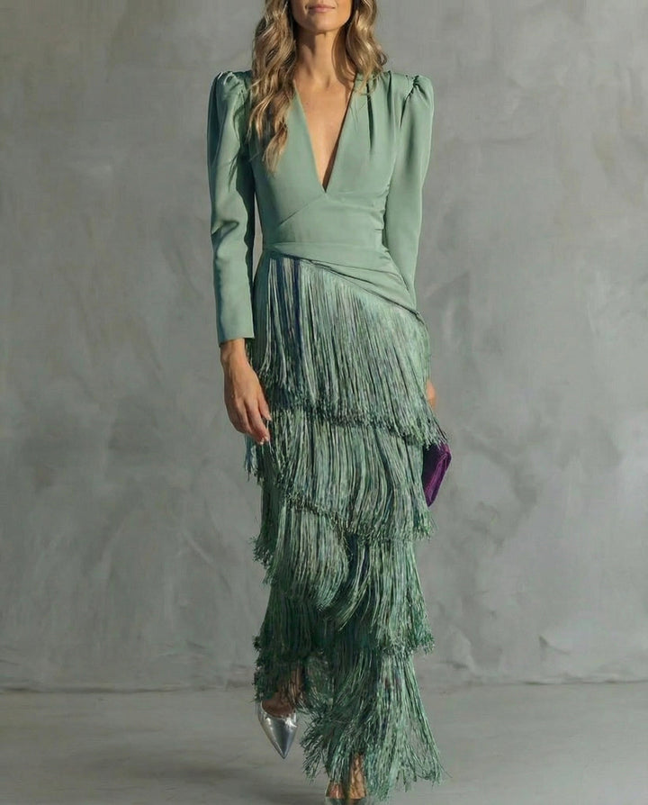 Women's Elegant Fringe Sleeve Midi Dress - Special Occasion