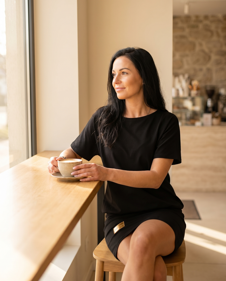 Woman in the black Melissa stretch dress seated at a sunlit cafe
