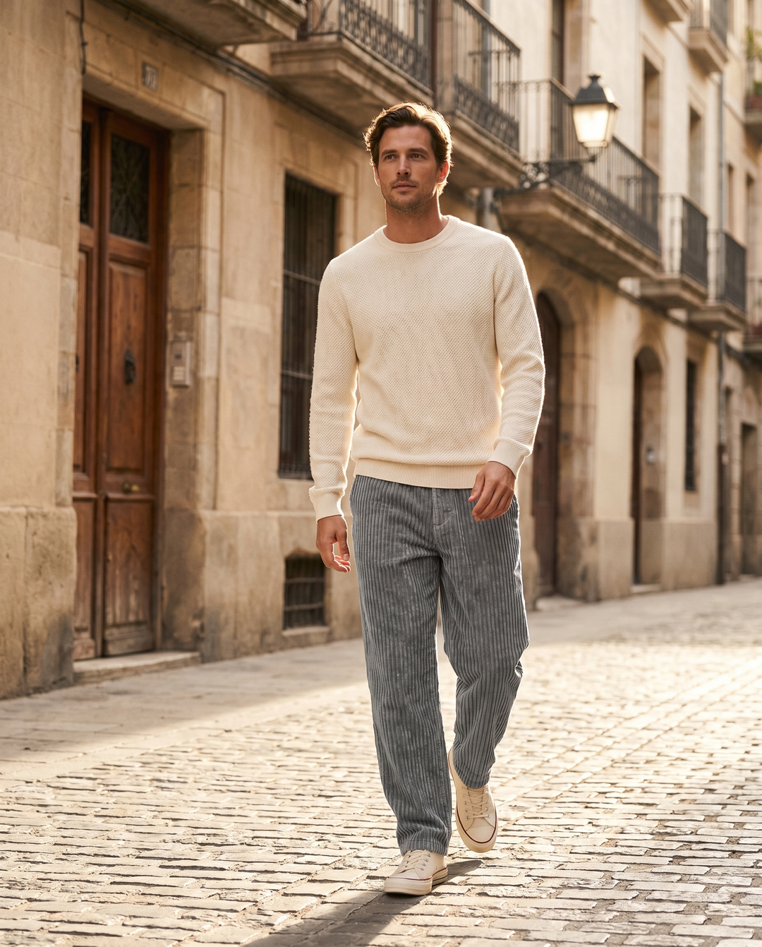 Man wearing Monaco corduroy trousers walking a sunlit street