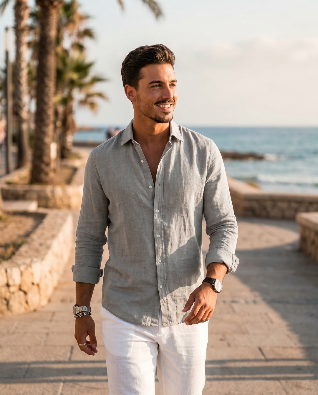 Man wearing the Riviera summer shirt walking a coastal promenade