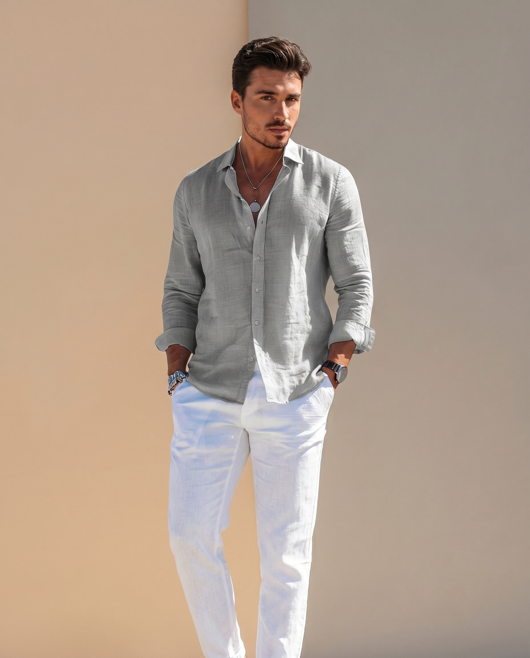 Riviera summer shirt styled with linen trousers on a neutral backdrop