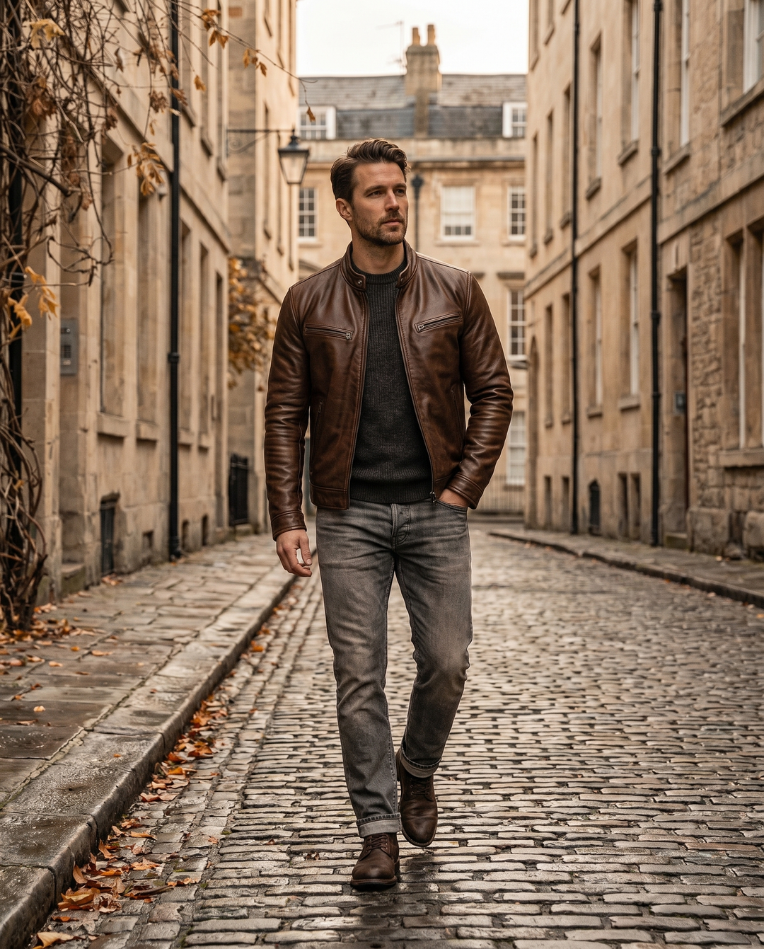 Man wearing the California jacket walking a city street