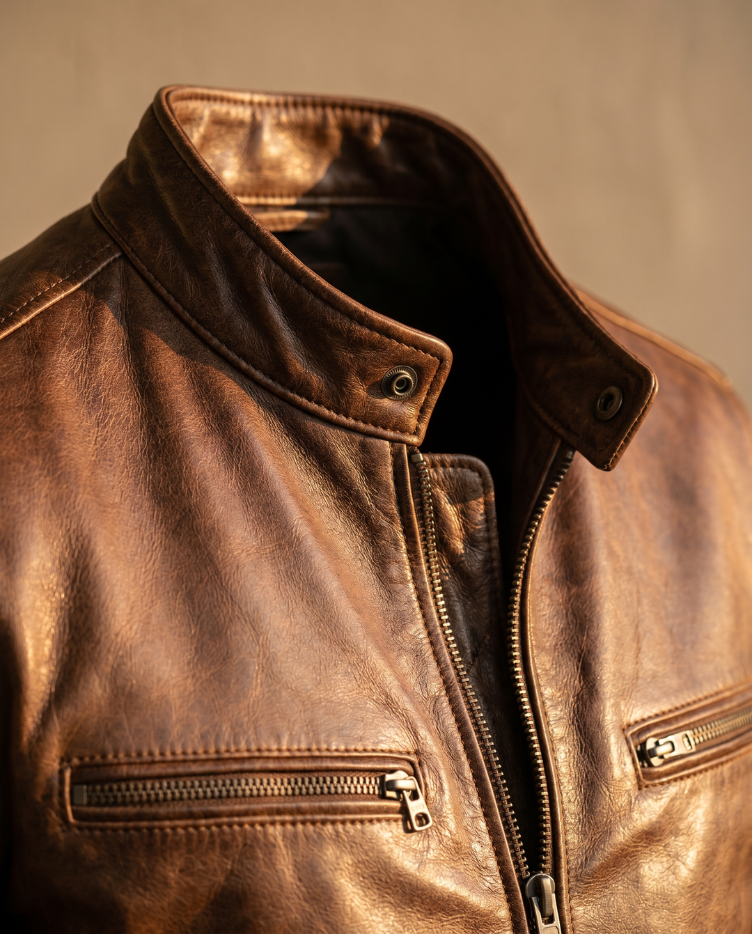 Close-up of the California jacket collar and vintage texture