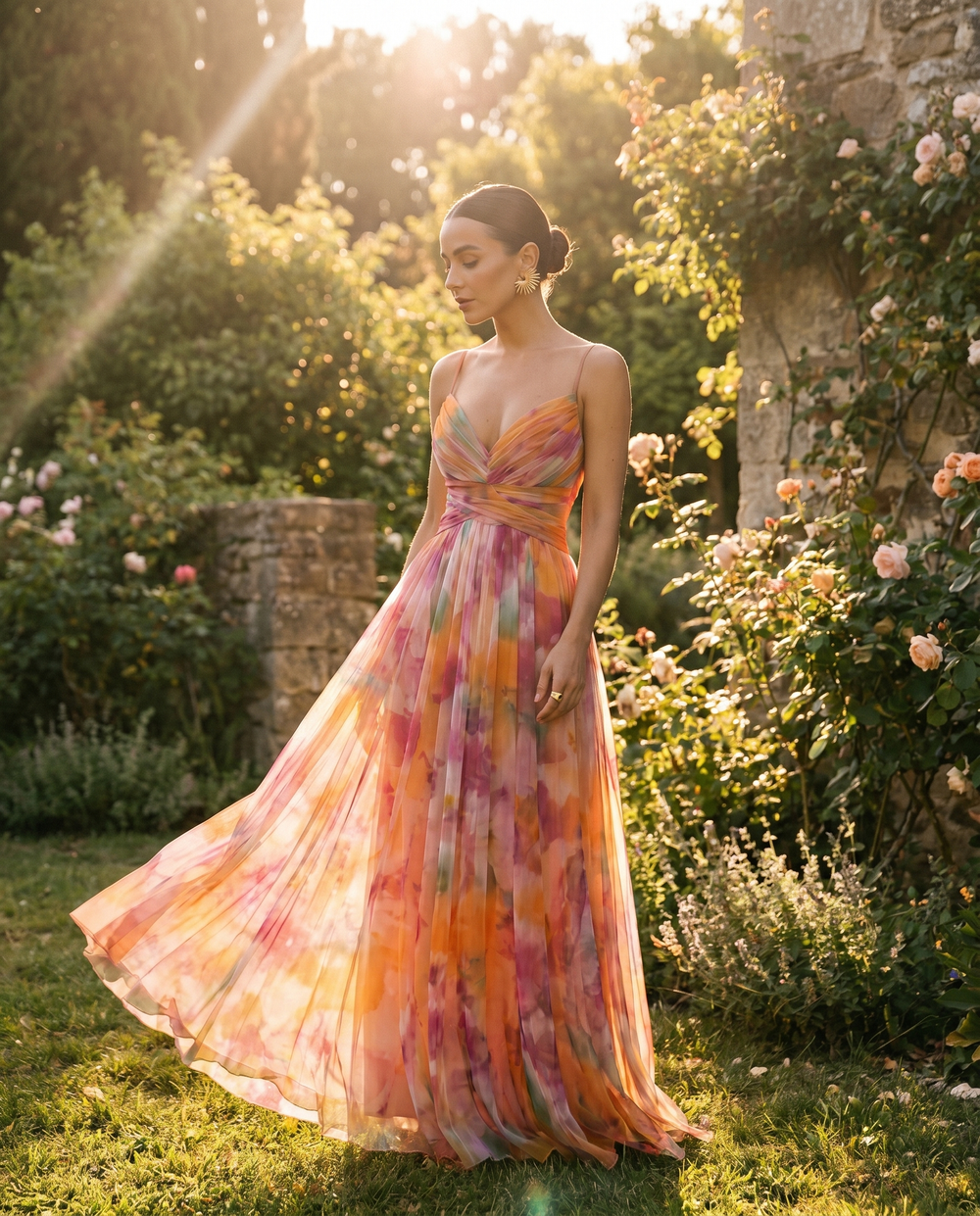 Woman wearing the Giselle floral maxi dress in a sunlit garden