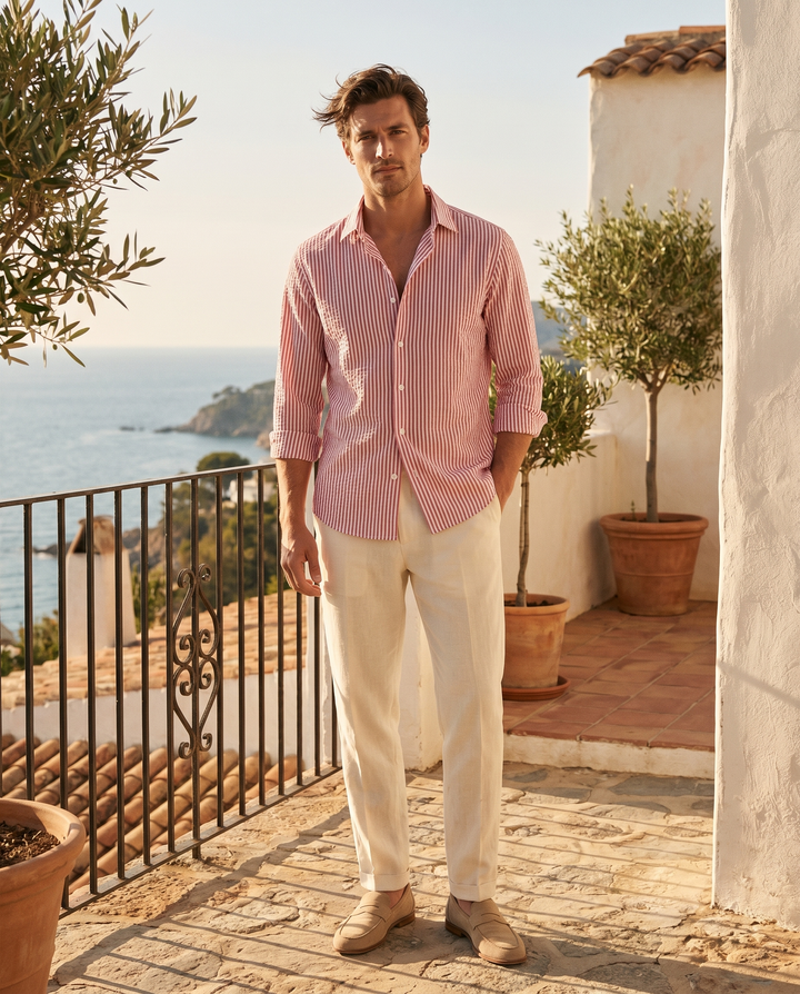 Man wearing the Marseille seersucker shirt on a sunlit terrace