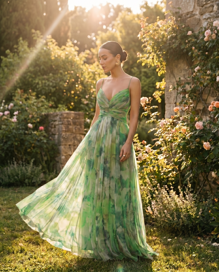 Giselle floral maxi dress in green, sunlit garden