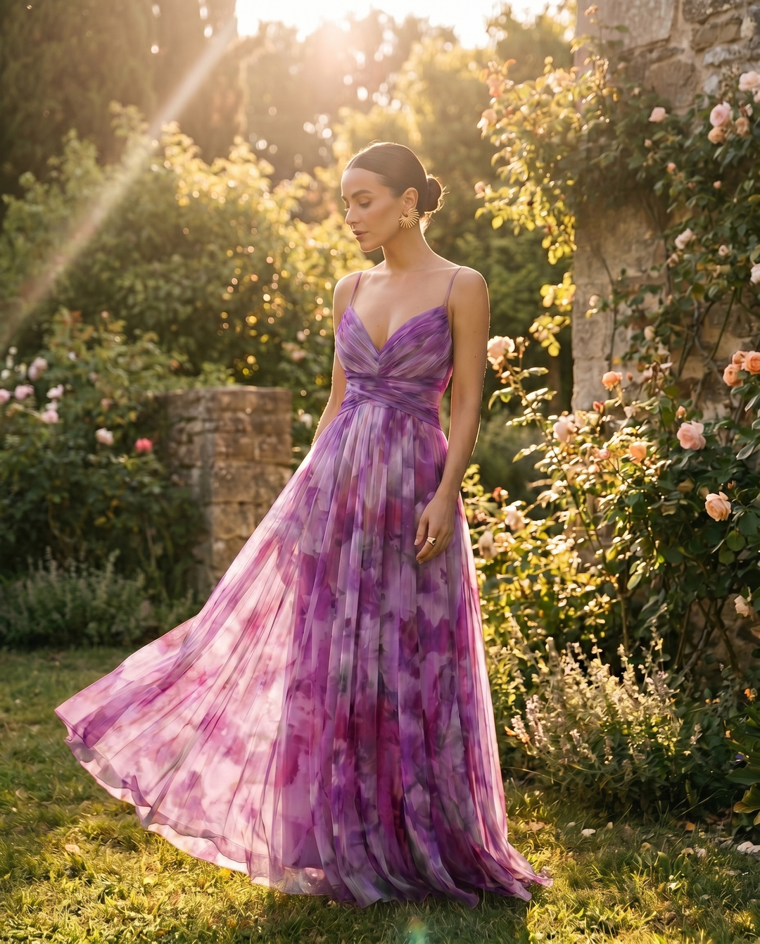 Giselle floral maxi dress in purple, sunlit garden