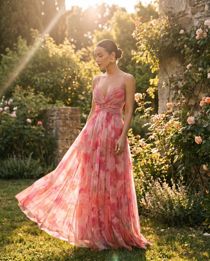 Giselle floral maxi dress in pink, sunlit garden