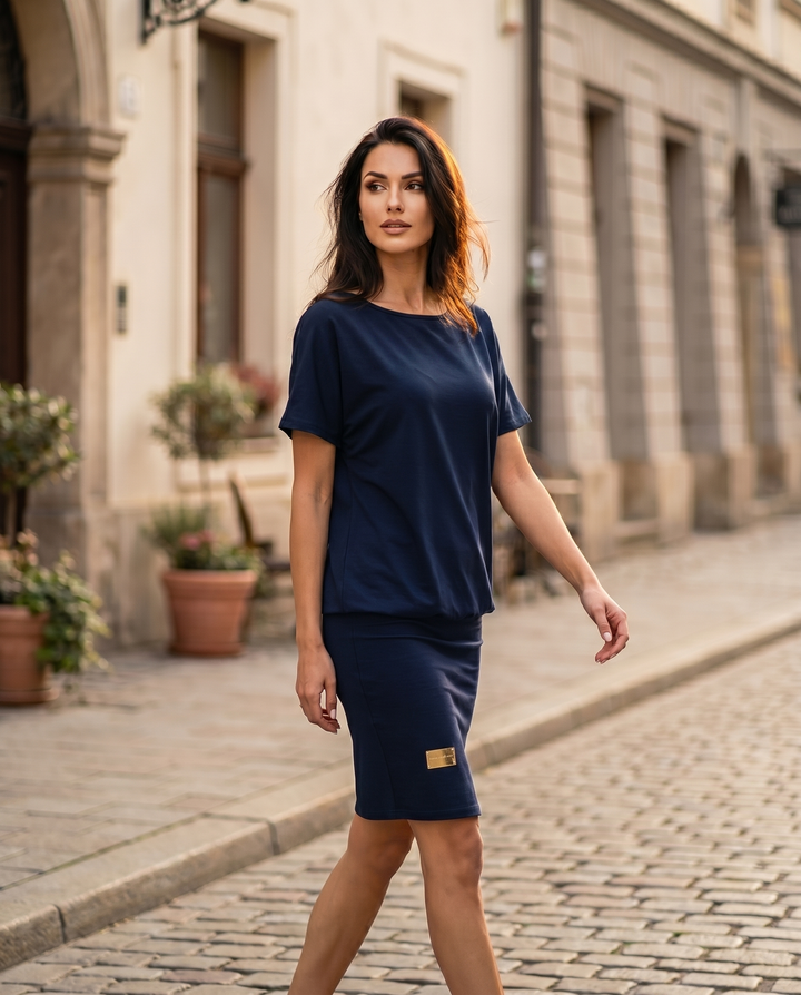 Melissa relaxed stretch dress in navy, sunlit street