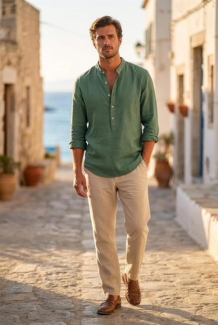 Men's green Japanese linen henley shirt worn half-tucked with linen trousers, golden hour coastal street