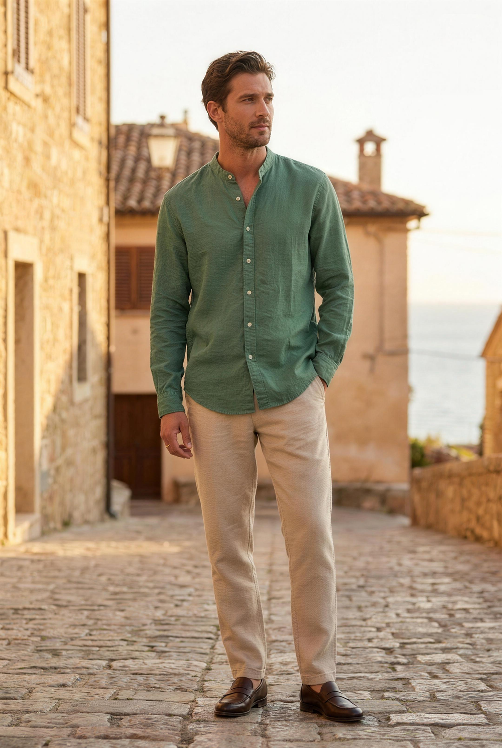 Men's linen henley shirt lifestyle outfit, smart casual summer look variant