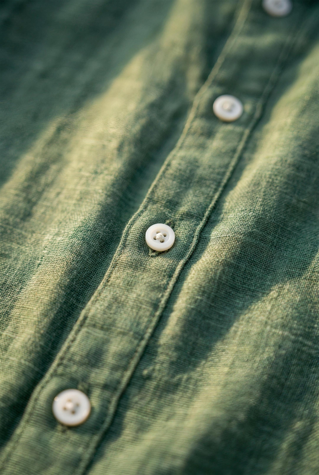 Close-up of Japanese linen weave texture on henley placket and buttons