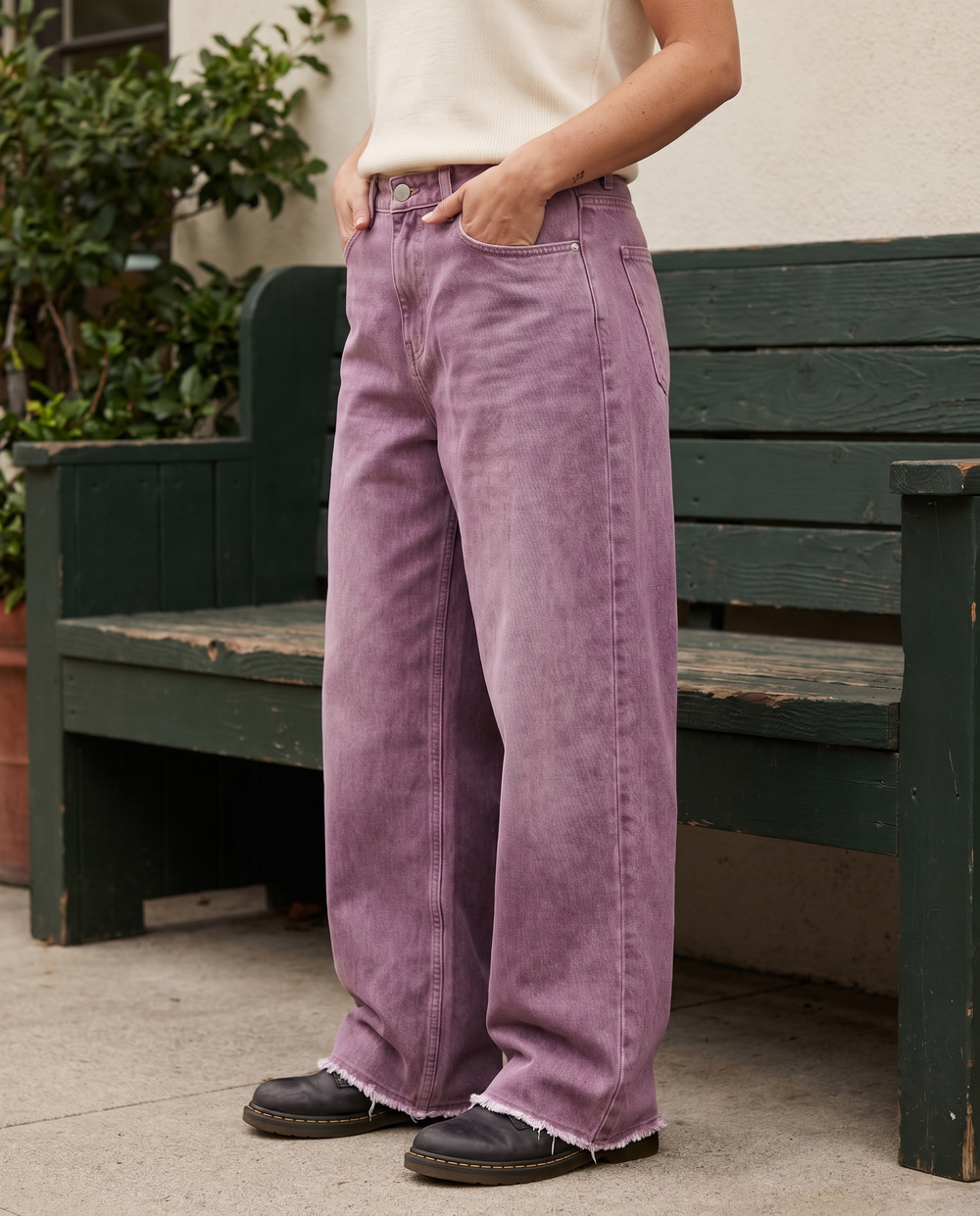 Pastel pink wide-leg jeans, side angle