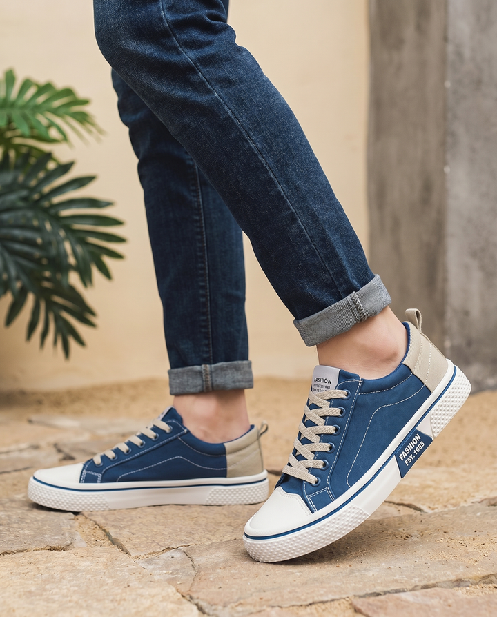 Milan trainers in blue, worn walking — editorial lifestyle