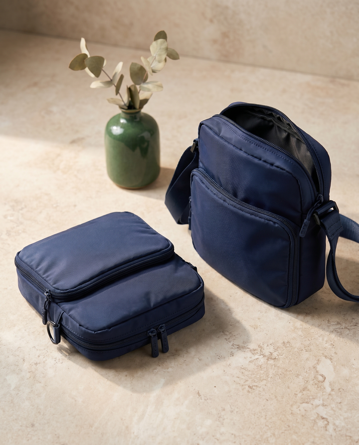 Foldable crossbody sling bag folded and packed down small, packability detail
