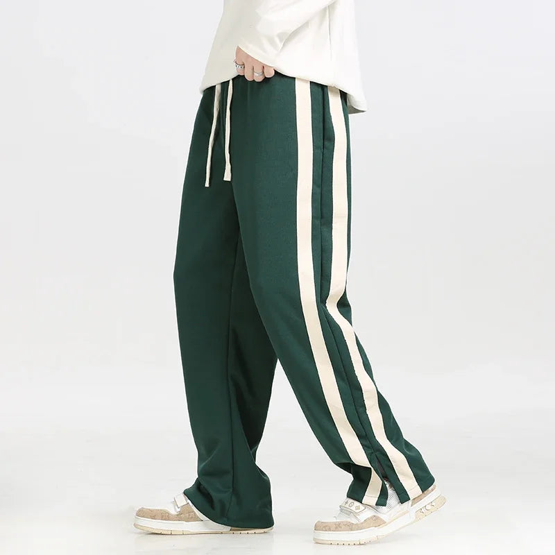 Men's Wide-Leg Retro Joggers – Soft Side-Stripe Track Trousers