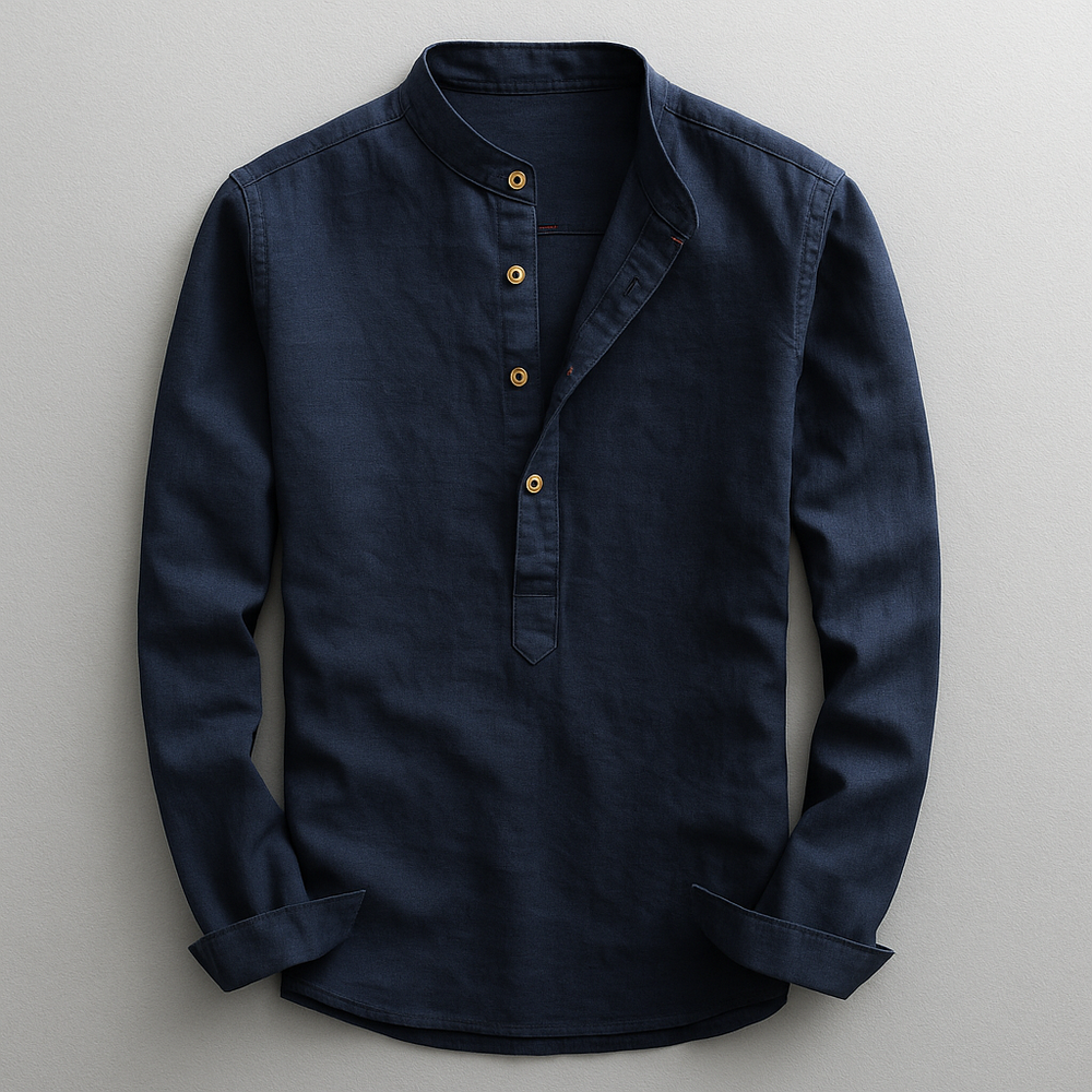 Men's Linen Blend Henley Shirt – Mandarin Collar Summer Top