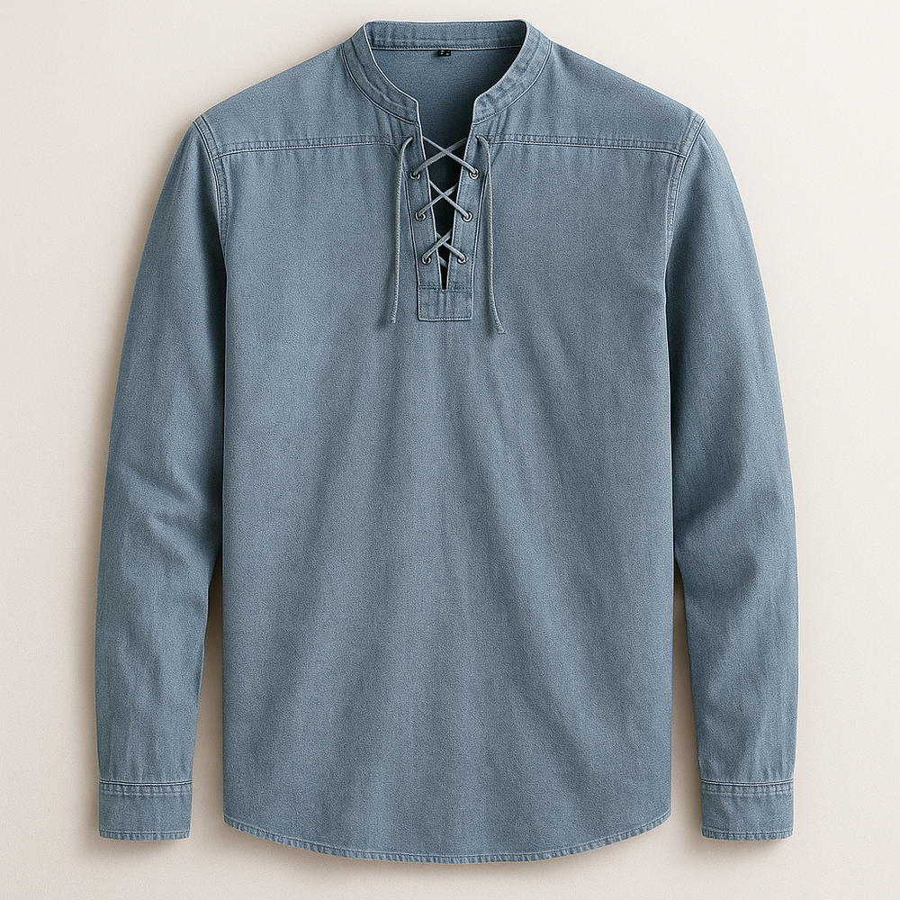 Men's Linen Cotton Lace-Up Shirt – Band Collar Relaxed Fit