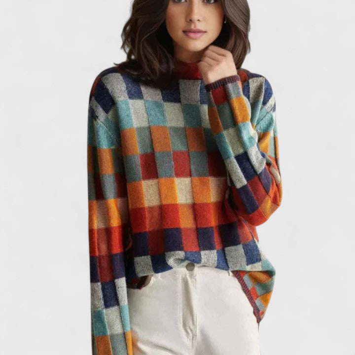 Women's Checkerboard Sweater - Cozy Mock Neck Style