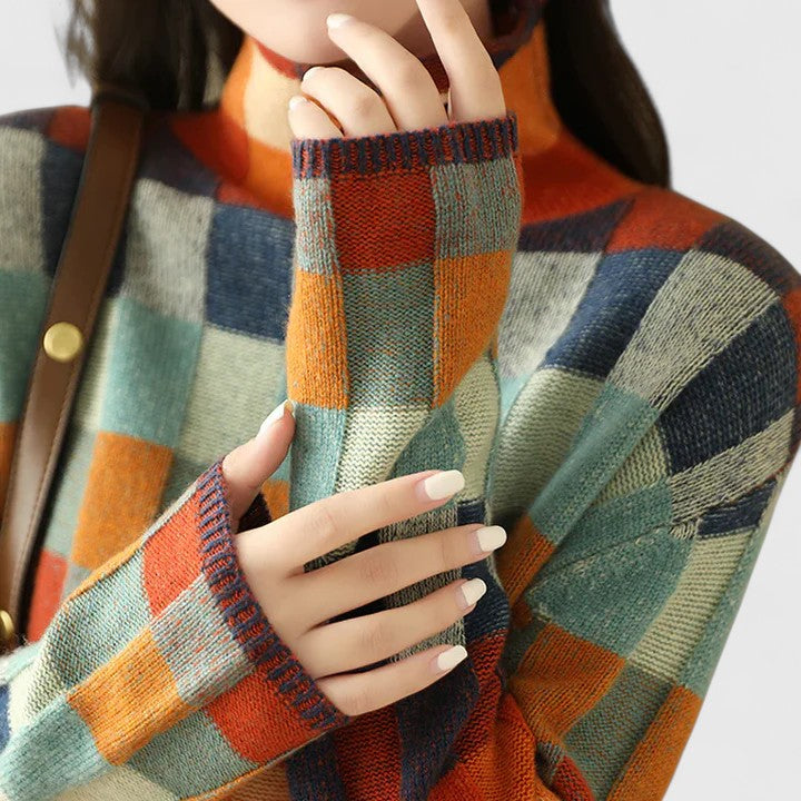 Women's Checkerboard Sweater - Cozy Mock Neck Style