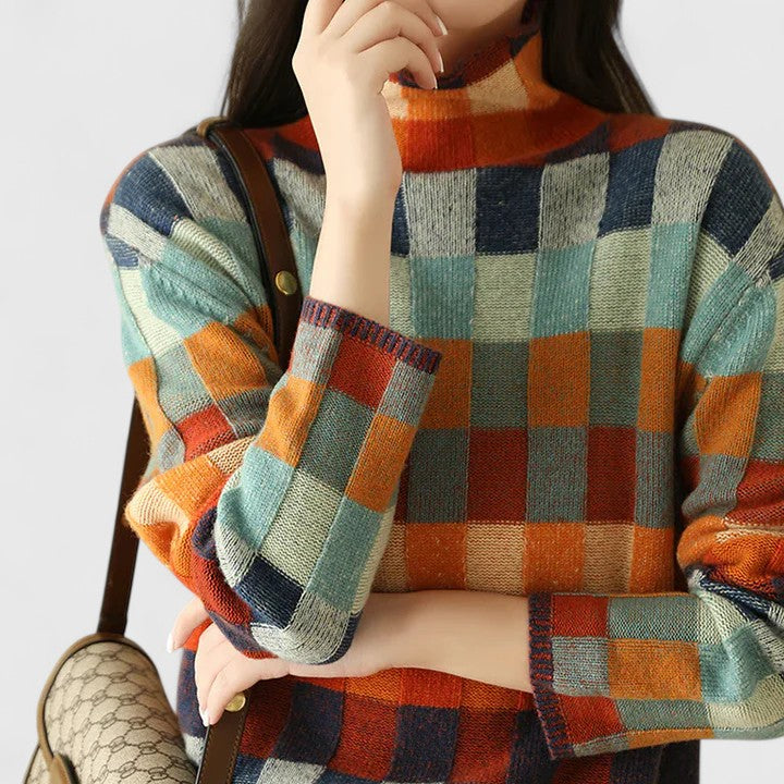 Women's Checkerboard Sweater - Cozy Mock Neck Style